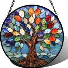 Stained Glass Window Hanging, Colorful Tree of Life s Glass Panel Blue Suncat...