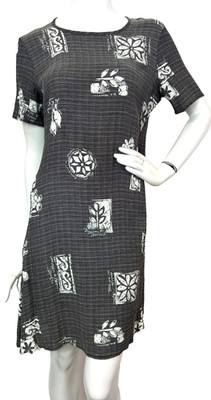 Notations Boho Artsy 90s Tunic Short Dress Small Black White Stamp Floral Print
