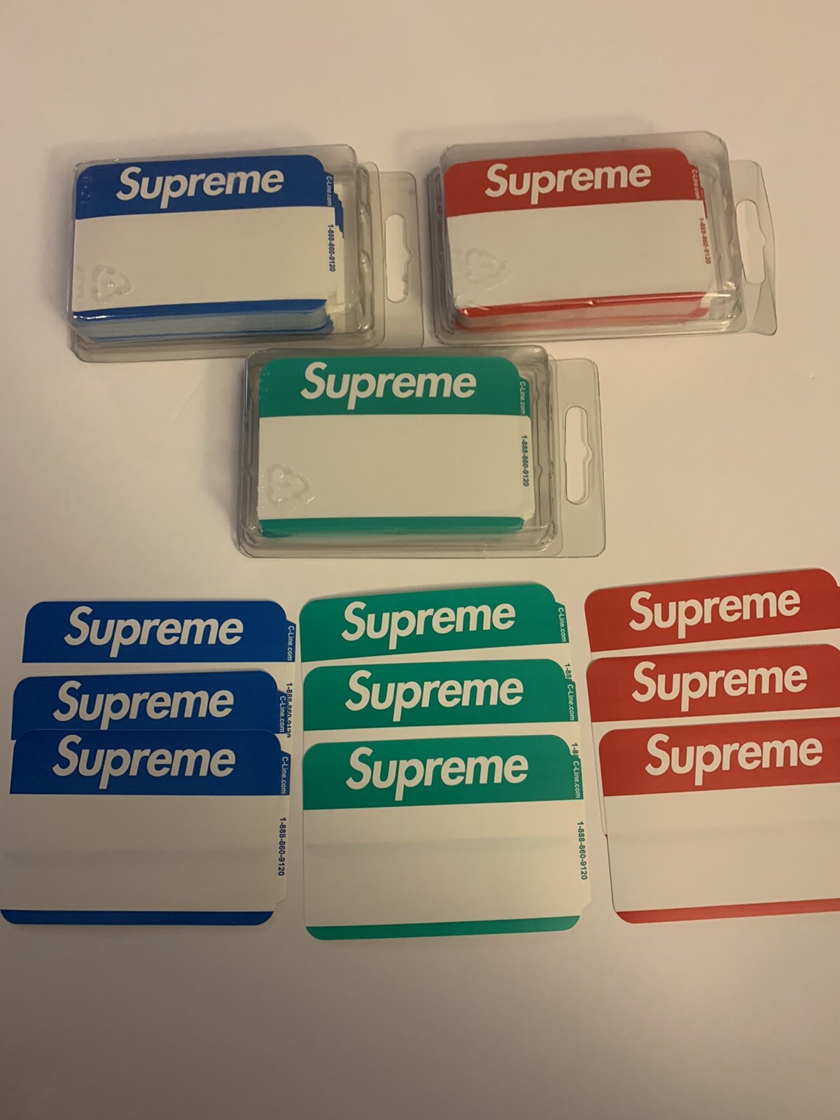 SUPREME Name badge Stickers Individually 9 Total (RED, BLUE, & GREEN) Box  Logo