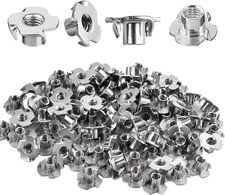 100 Pack 1/4"-20 T-Nuts 4 Prong Tee Nuts Stainless Steel Threaded Inserts Wood