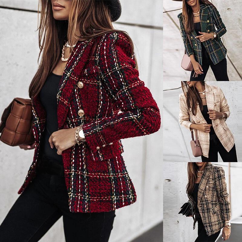 Women Check Plaid Tartan Coat Office OL Blazer Tweed Duster Suit