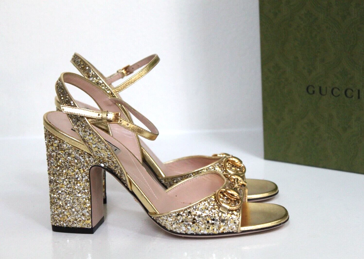 Sandales à cheville Gucci 6,5 / 36,5 paillettes métalliques or scintillant logo Horsebit