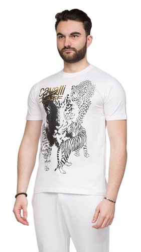Cavalli Class White Tiger Leopard Motif Fashion T-Shirt-XXL - Picture 2 of 5