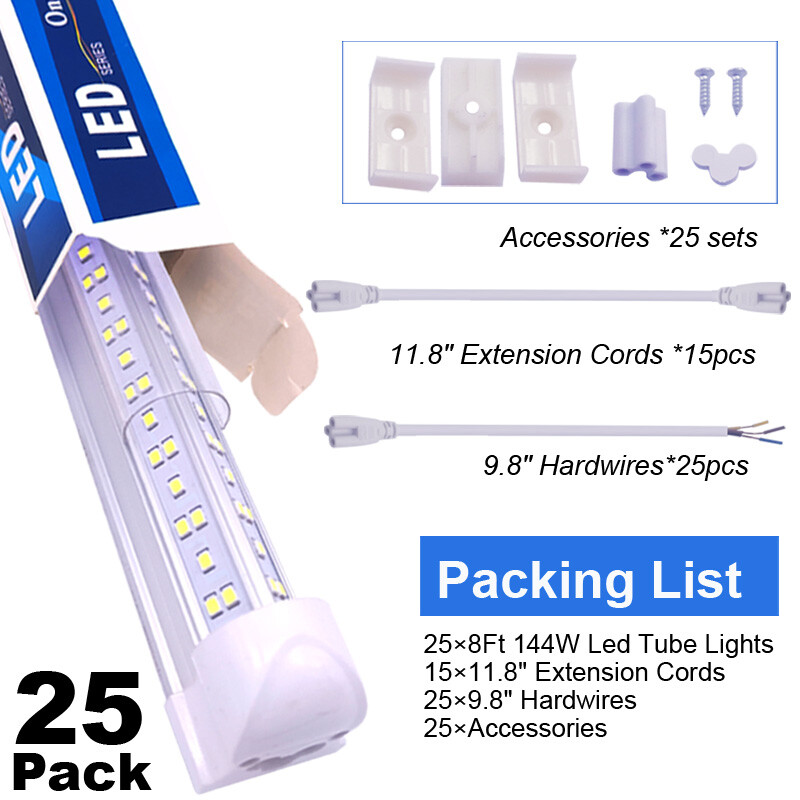 25 PC 8 Foot LED Shop Lights 144W Fixture 8FT T8 LED Tube Light 8' Garage Light