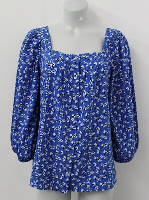 Ex Julipa Blue Floral 3/4 Sleeve Square Neck Print Blouse Size UK12