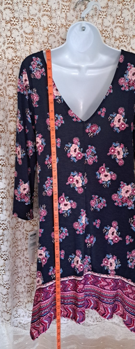 Three Pink Hearts Dress M Navy Floral Pop Over Asymmetrical Hem Strappy Boho - Picture 8 of 13