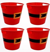 4 Pack Empty Christmas Plastic Buckets with Handles Red Santa Belt round Basket