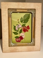 Pressed Flower Art Antiqued Brass  Cloth Frame Summer Flowers Green Background