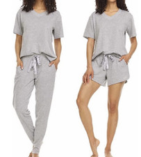 New Women's Flora Nikrooz French Terry 3 Piece Lounge PJ Set Grey Black XS 3X