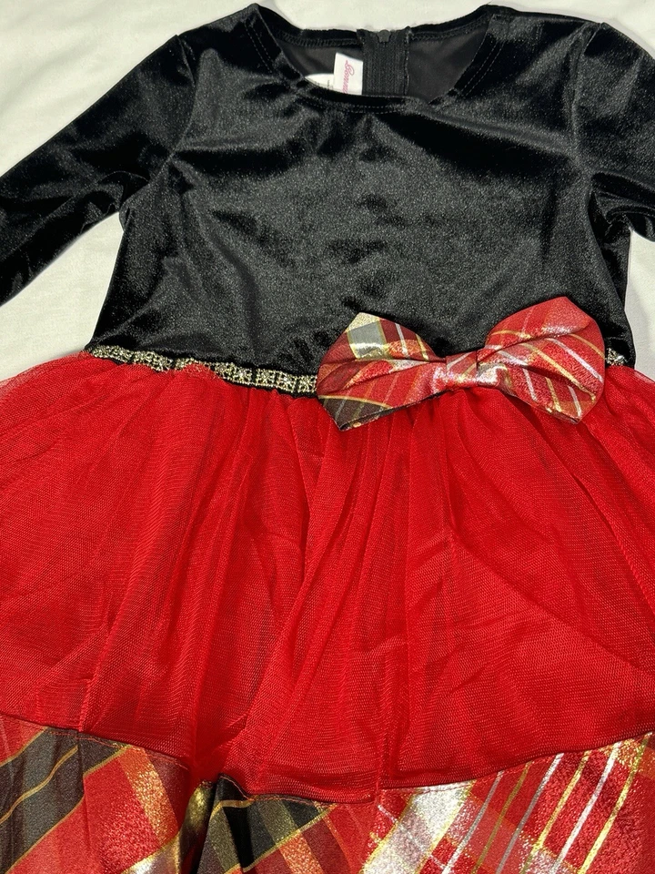 Vestido de Navidad Bonnie Jean Manga Larga Calce y Acampanado Terciopelo Cuadros Niñas 5 NUEVO Foto 4 de 4