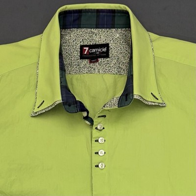 7 Camicie Men's XL Slim Fit Green LS Button Down Shirt 17.5 Flip Cuff (Plaid)