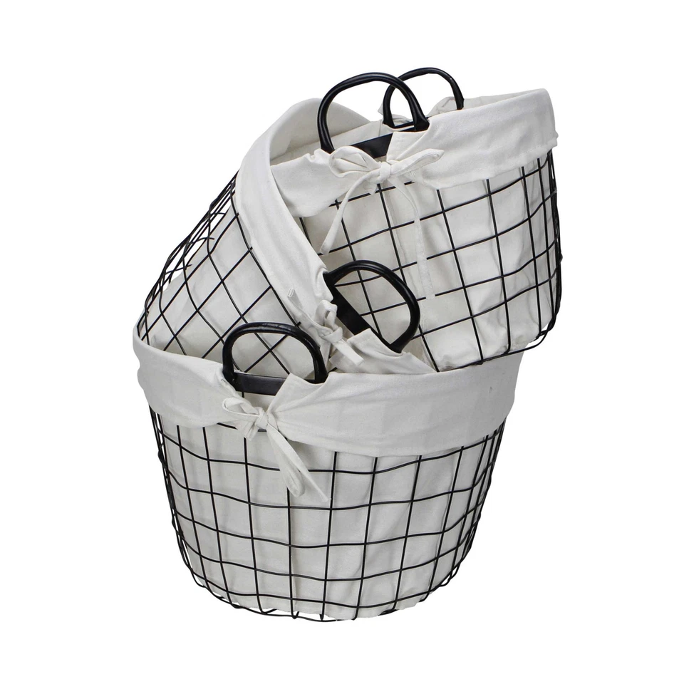 Set Of Three Black Oval Wire Baskets with White Fabric Liners and Handles - Image 4 of 4