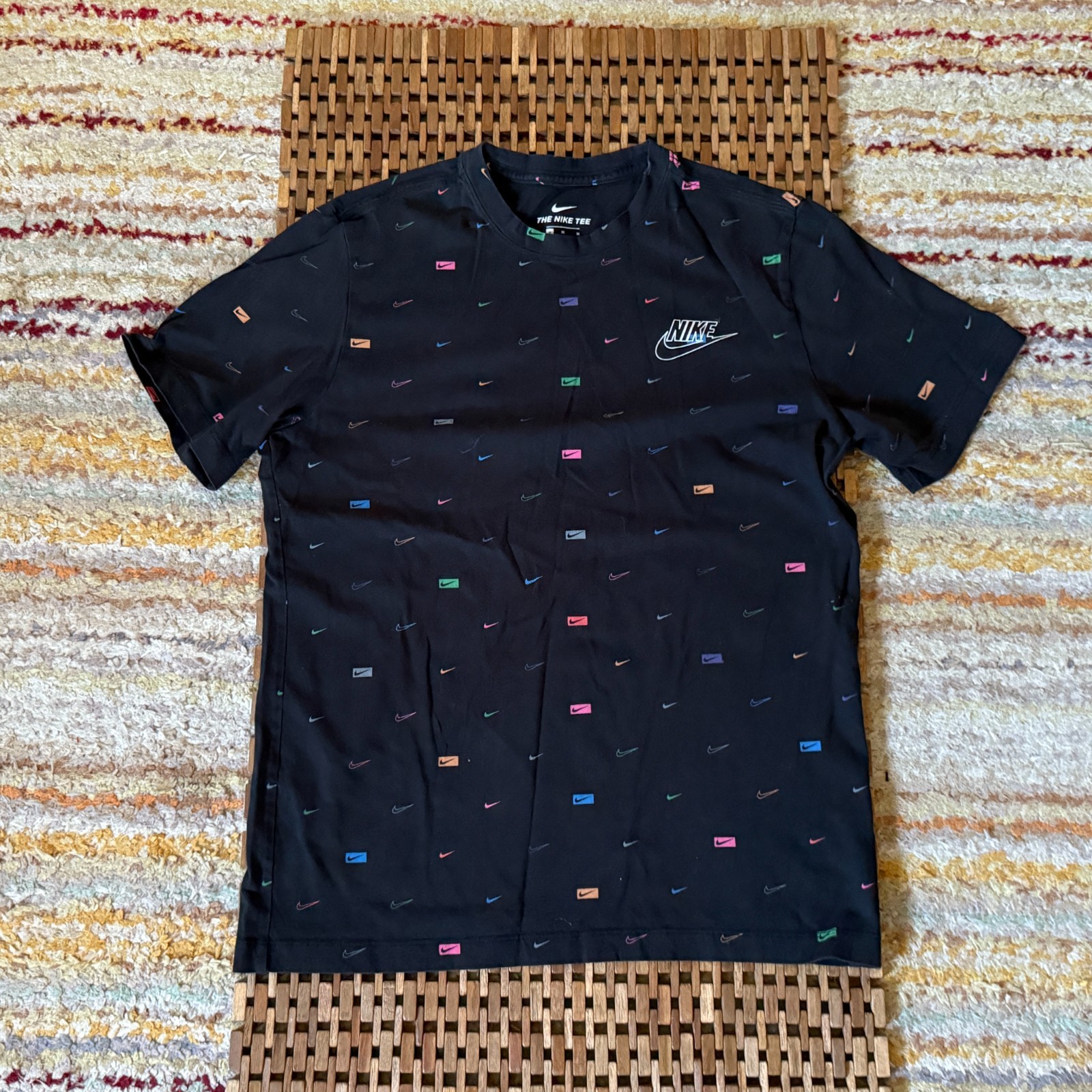 Nike Tee T Shirt Black Retro Neon Swoosh Crew Neck Men's Size Medium M