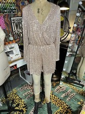 Raga Pink Sequin V-Neck Long Sleeve Pullover Romper Womens Size L