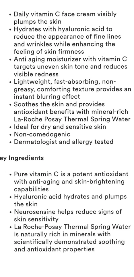 Crema Relleno Hidratante Reafirmante Vitamina C Pura La Roche-Posay 40 ml Talla Completa Nueva Foto 3 de 3