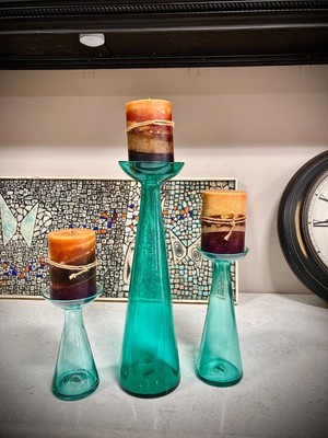 Vintage Set Blenko 8727 Candle Holders Vases Blue-Green 9.5'' +13.5'' +Teal 20.5''