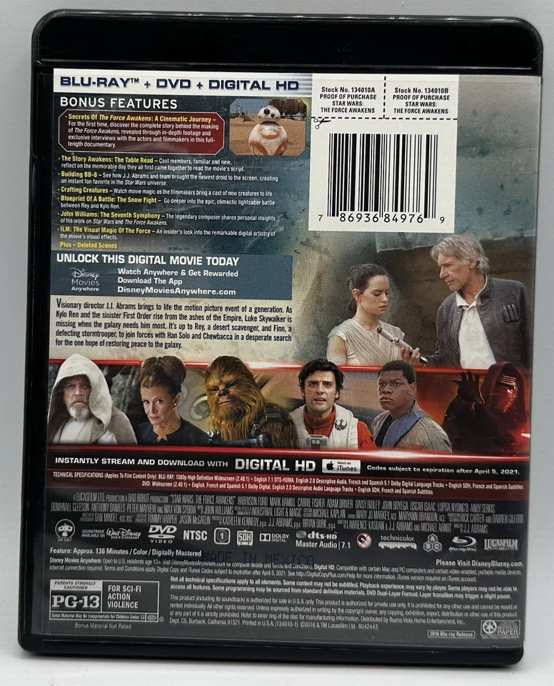 Star Wars: The Force Awakens (Blu-ray + DVD 2-Disc Set) Harrison Ford 2016 - Image 2 of 3