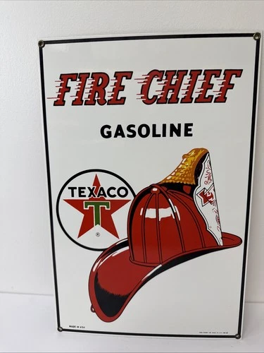 Vintage Texaco Fire Chief Gas Pump Oil Porcelain Enameled Metal Sign 1986