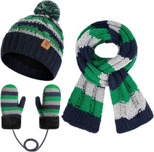 Boys Winter Hat Scarf and Gloves Set for Kids Warm Knitted Hat Mittens and Fleec