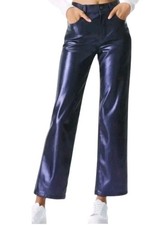 Alice + Olivia Vegan Leather High-Rise Pants Jean Straight Leg 26 Navy shimmer