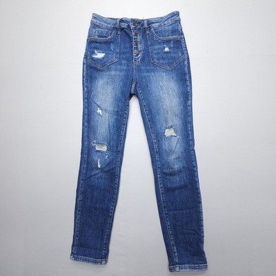 Risen High Rise Button Fly Distressed Jeans Womens 28 / 7 Blue Dark Wash Stretch