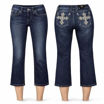 Miss Me CUFFED Jeans Embellished WOMENS 28 CROSS RHINESTONES DARK WASH