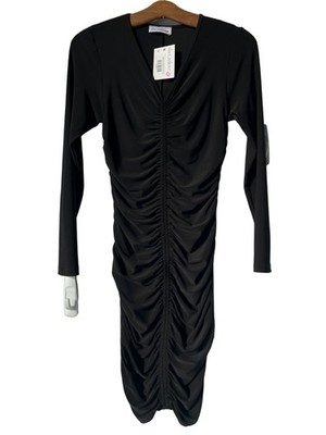 She Can Love Ruched Bodycon Dress Size Large Black Mini Cocktail Party Club NEW