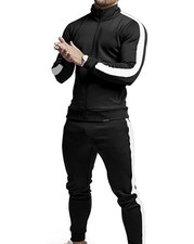 Men  s L Black/White Striped 2pc Tracksuit Full Zip Mock Neck Jacket Pants S/M/L