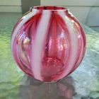 FENTON CRANBERRY OPALESCENT IVY BALL WITH RIBBED OPTIC