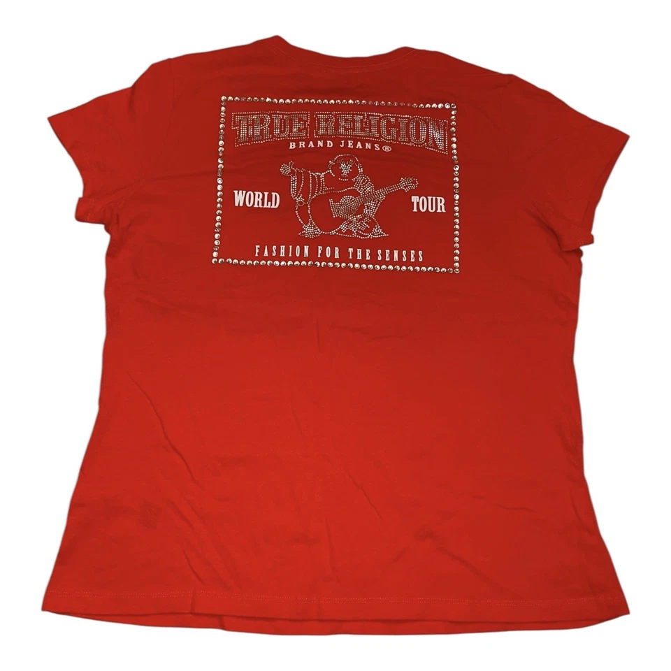 NEW True Religion Women’s Buddha V-Neck Shirt Rhinestone Diamond Logo Red 2XL - Image 2 of 4