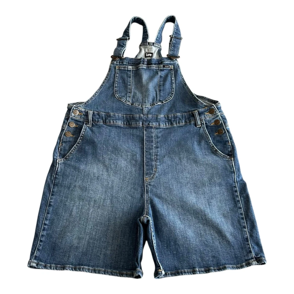Lee Denim Short Overalls Women’s LG Medium Wash Jean Shortalls Adjustable Straps - Image 2 of 4