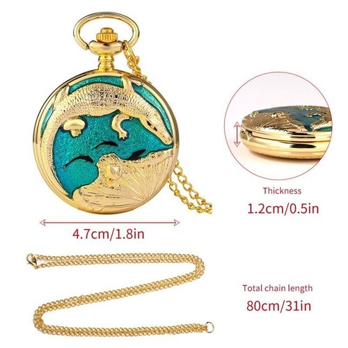 Pattern Golden Crocodile Quartz Pocket Watch Arabic Numerals Dial Necklace Chain - Picture 6 of 11