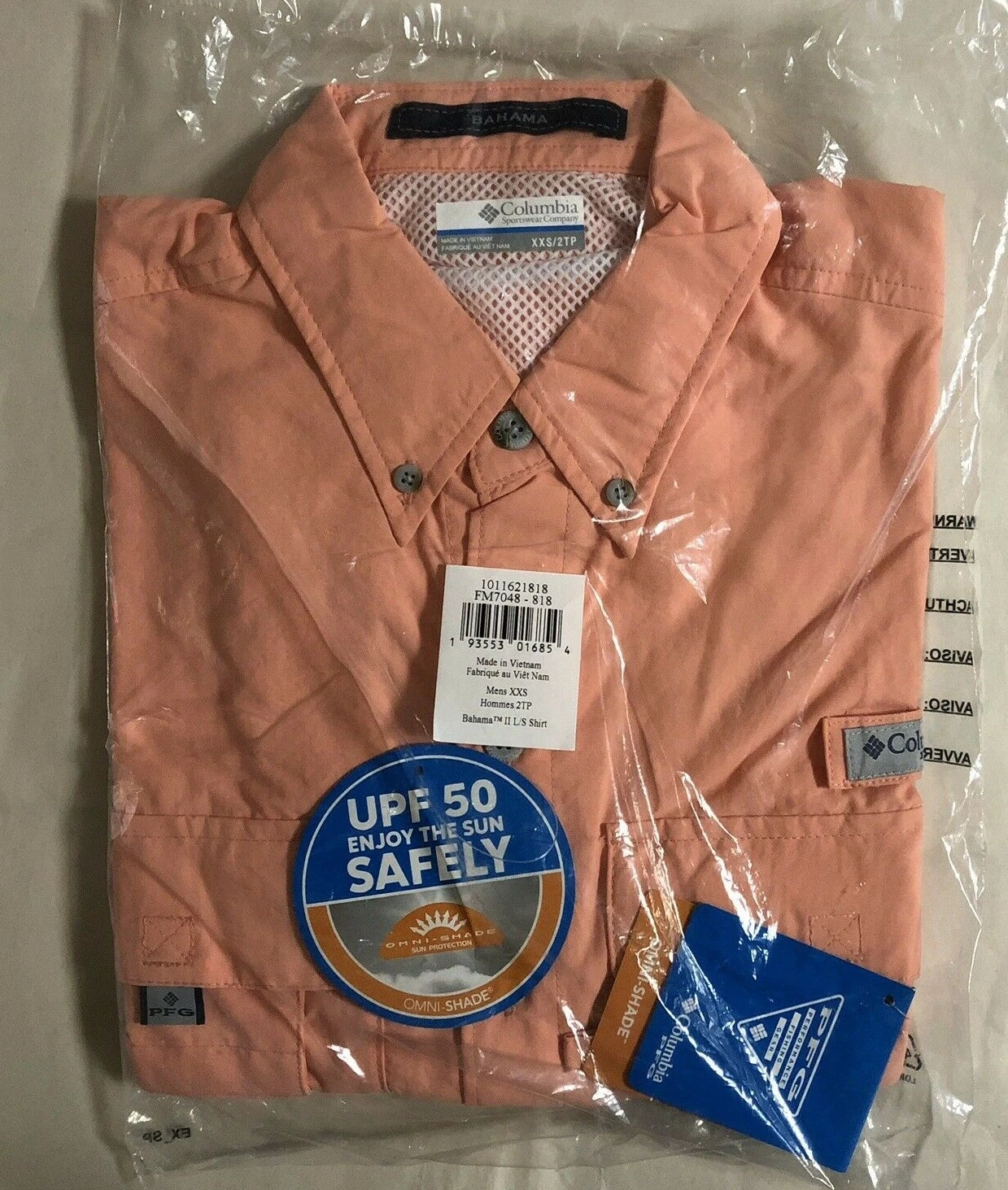 NEW COLUMBIA Men's PFG Bahama II Long Sleeve Shirt, Sorbet, XX-Small, UPF 50
