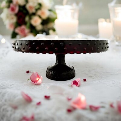 LE SMITH HTF Ruby Red Glass Hobnail Pedestal Cake Stand 11  USA  Flea Bite READ