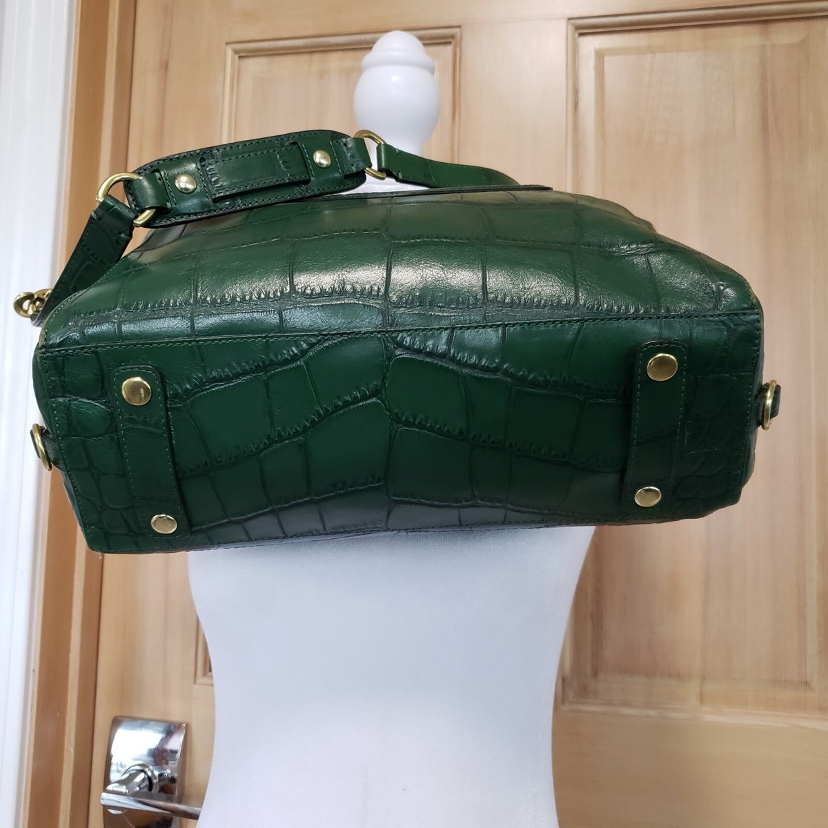 バッグ Coach Green Crocodile Embossed Satchel Coach Genuine Green Alligator Top Handles Purse Satchel Bag