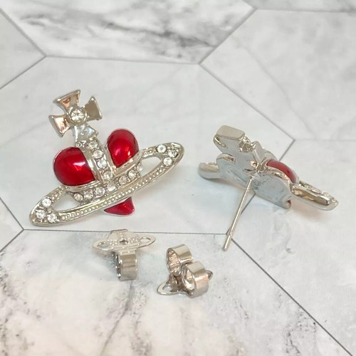 Vivienne Westwood Diamante Red Heart Orb Earrings Silver With Box - Picture 2 of 7