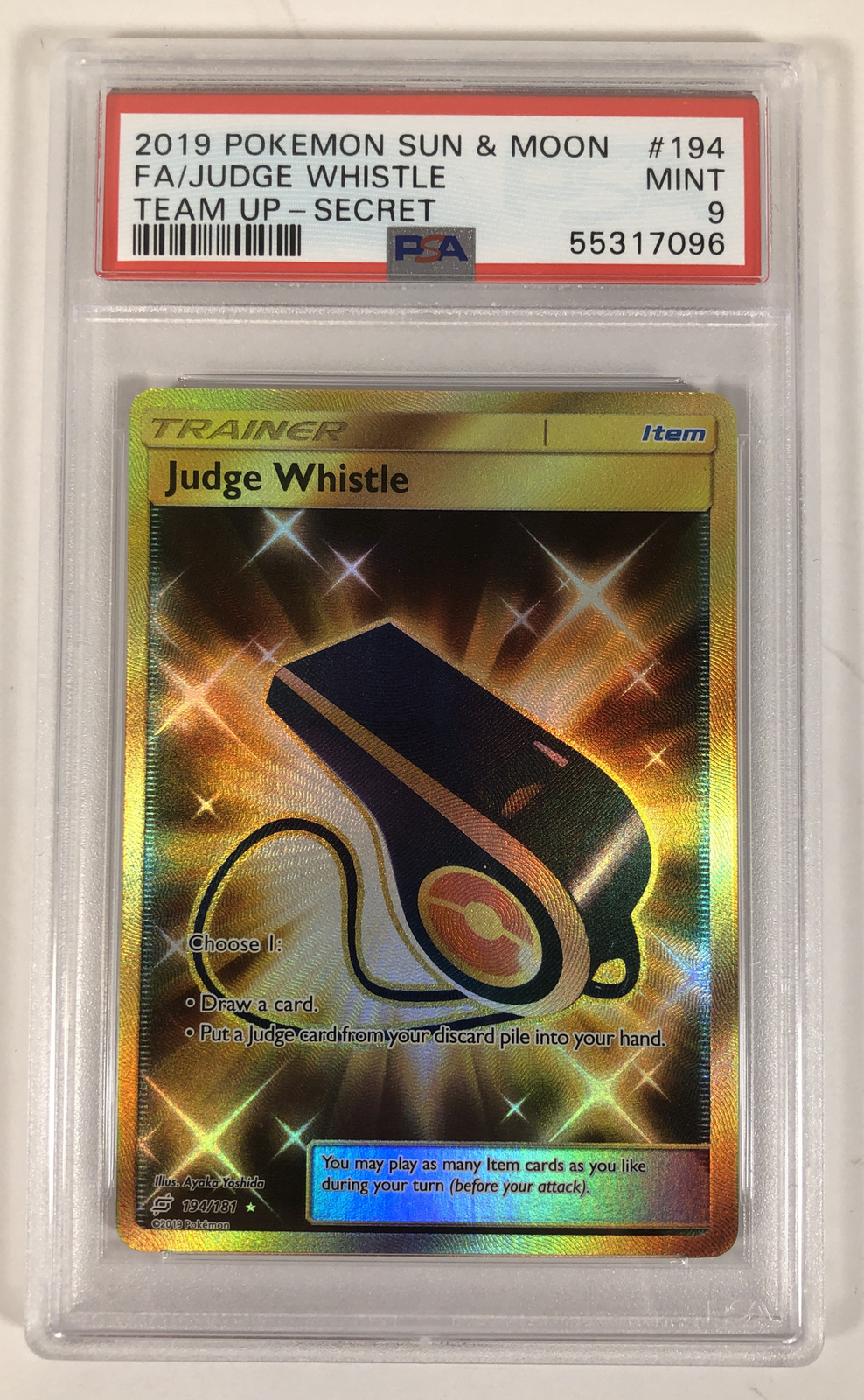 Pokemon PSA 9 Mint Judge Whistle Secret Rare Team Up 194 Gold