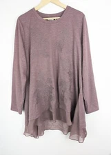 Logo Lounge Women's Embroidered Tunic Top Long Sleeve Purple Sheer Hem Plus XL