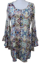 VOOM by Joy Han Size XS White Floral Embroidered Bell Sleeves Summer 70’s Dress