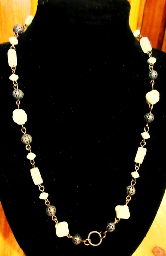 vtg SIGNED 1928 cream COPPER tone metal link chain BEAD Necklace Costume Jewelry