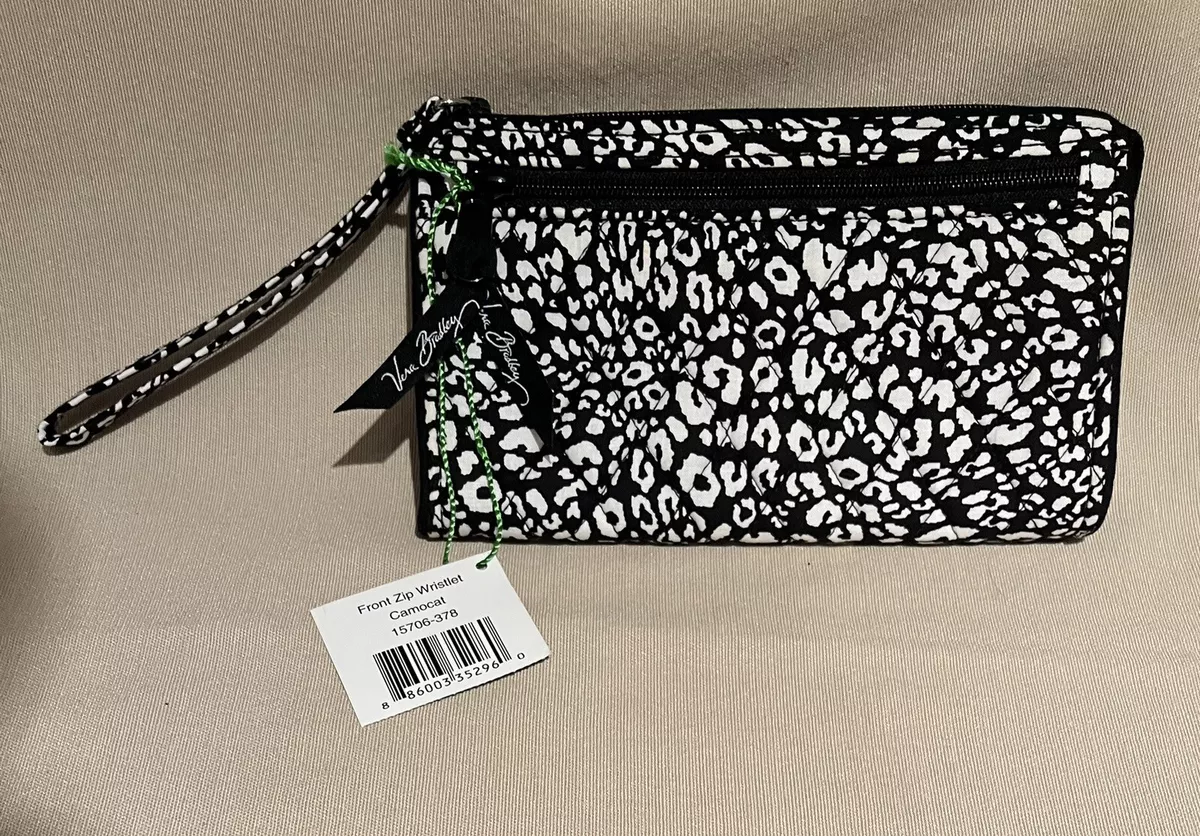 Vera Bradley Front Zip Wristlet camocat black white bag7.5 x 4.5 NWT