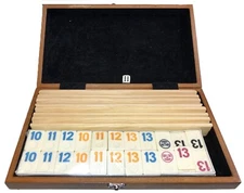 Rummy Tiles Games Set 4 Wooden Racks In Classy Wooden Case Resin 106 Tiles Rummi