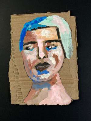 Portrait Painting Quirky Naive Outsider Art Blue Gouache Woman Small Original