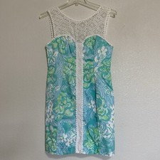Lilly Pulitzer Sophia Sleeveless Shift Dress Green Floral Lagoon Lace Trim Sz 10