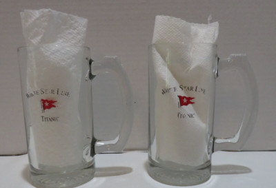 VTG WHITE STAR LINE TITANIC DRINKING GLASS MUGS W/HANDLES-5.5'' X 3''-CLEAR GLASS