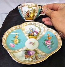 Marked Meissen w/ T cup & saucer Floral Courting Couple turquoise - READ- A4