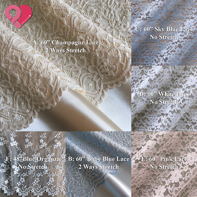 60'' Floral Scalloped Nylon Spandex Stretch Lace White Baby Blue Pink Floral Lace