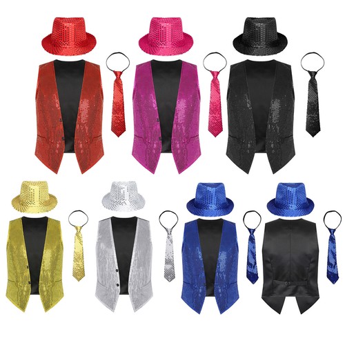 Men Sequined Waistcoat Sleeveless Vest with Hat and Necktie Carnival Disco Party - Picture 3 of 71