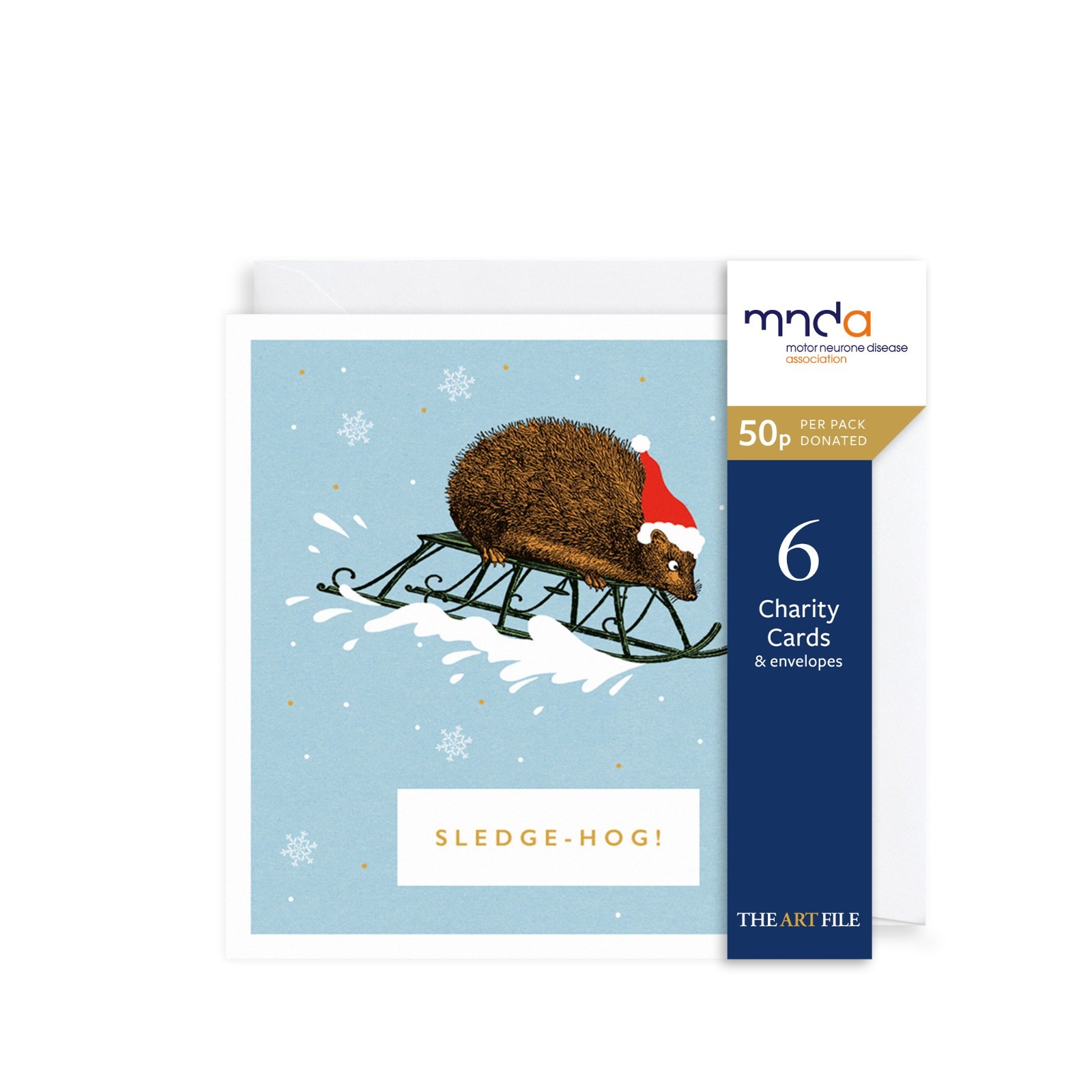 Christmas Cards 6 Festive Sledge-Hog –The Art File MNDA Charity Xmas Cards