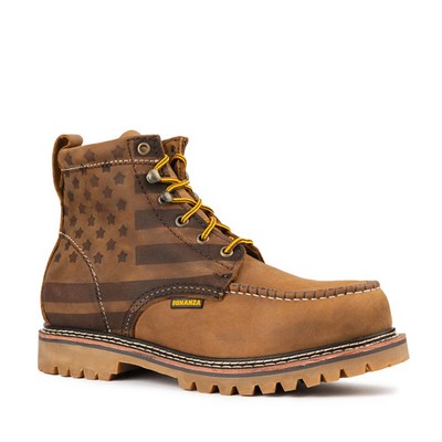 Bonanza Genuine Leather HERITAGE FLAG 6'' Moc Toe Double Density Work Boots-Brown